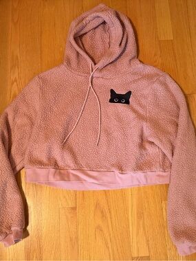 Jill Martin Pink Sherpa Hoodie with Embroidered Cat Patch